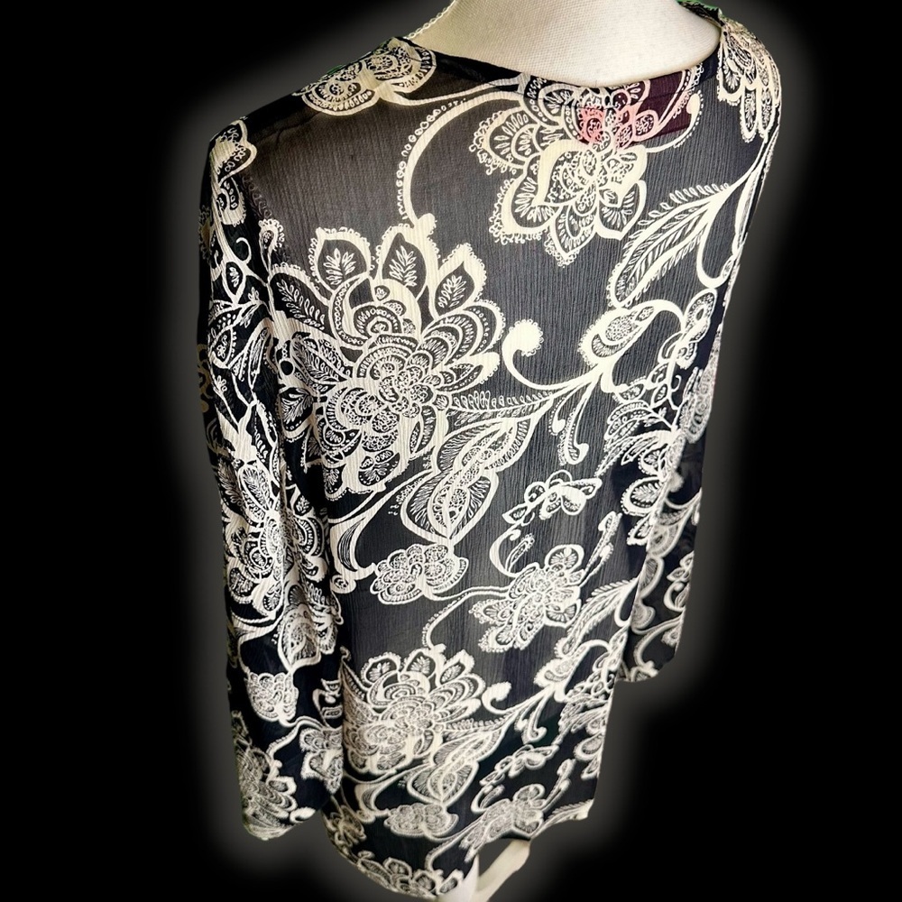 Oscar de la Renta Black & White 100% Silk Embroidered Long Sleeve Tunic Size 12 - Picture 3 of 11